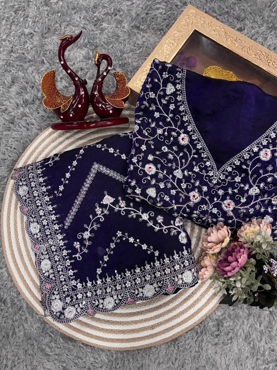 Royal Blue Embroidered Blouse Piece with Intricate Mirror, Sequin & Floral Threadwork – Ready-to-Stitch Fabric for Sarees & Festive Ethnic Wear - Image 8