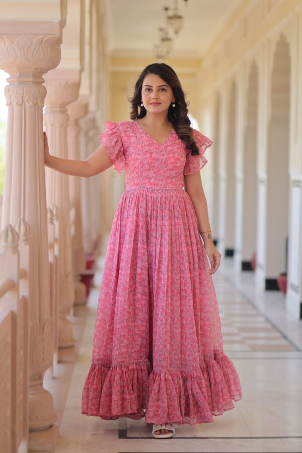 Women's Romantic Rose Pink Floral Printed Maxi Dress with Ruffle Sleeves & Tiered Flared Hem – Perfect for Summer Day Wear & Brunches - Image 9