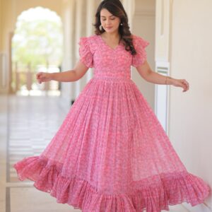 Women's Romantic Rose Pink Floral Printed Maxi Dress with Ruffle Sleeves & Tiered Flared Hem – Perfect for Summer Day Wear & Brunches