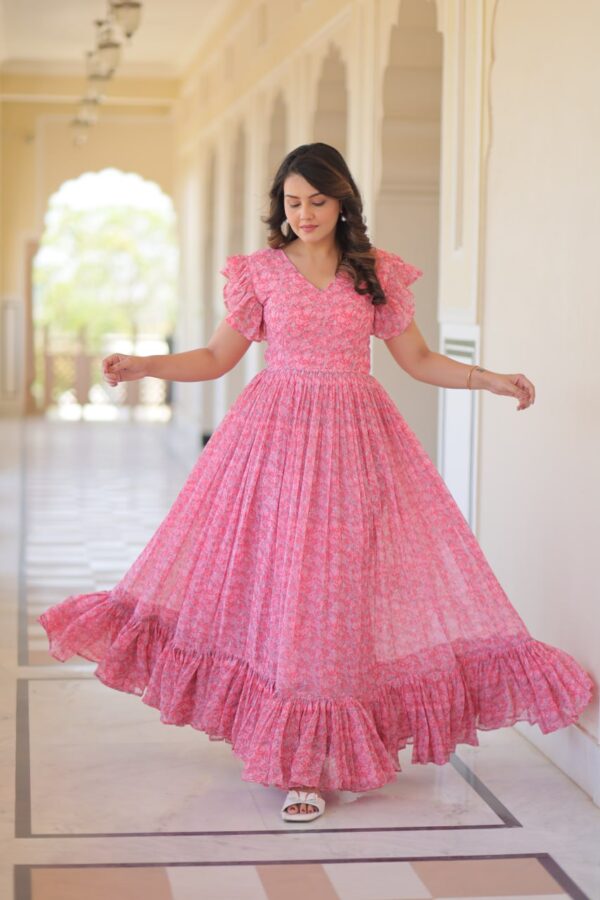 Women's Romantic Rose Pink Floral Printed Maxi Dress with Ruffle Sleeves & Tiered Flared Hem – Perfect for Summer Day Wear & Brunches