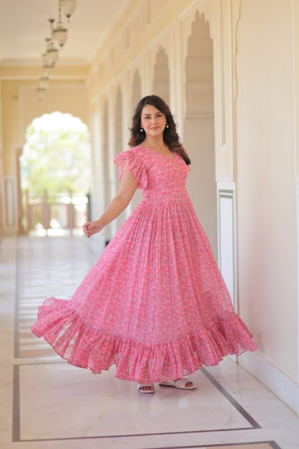 Women's Romantic Rose Pink Floral Printed Maxi Dress with Ruffle Sleeves & Tiered Flared Hem – Perfect for Summer Day Wear & Brunches - Image 7