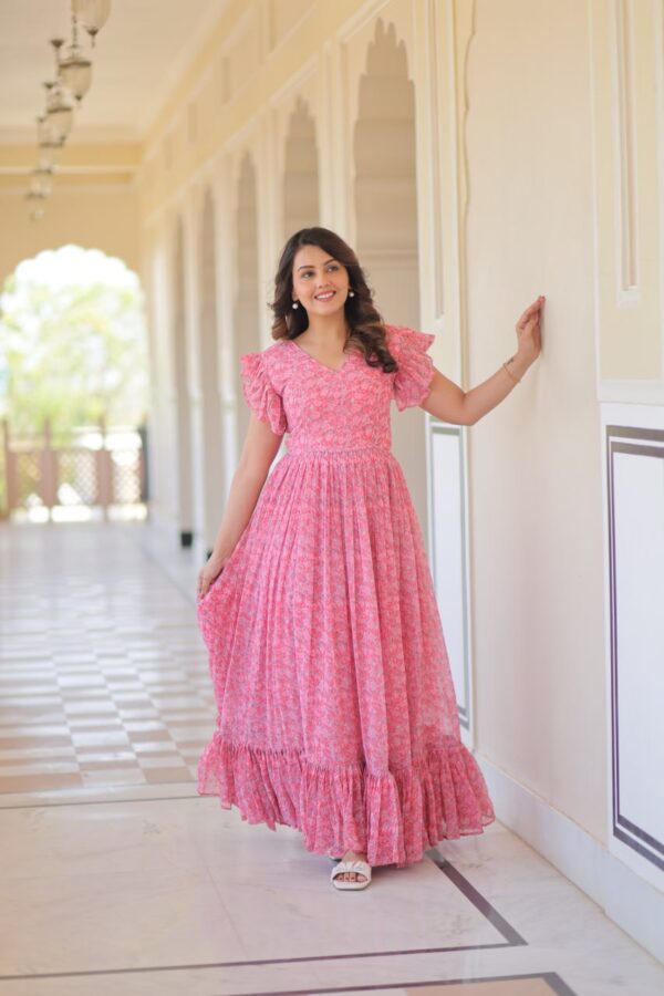 Women's Romantic Rose Pink Floral Printed Maxi Dress with Ruffle Sleeves & Tiered Flared Hem – Perfect for Summer Day Wear & Brunches - Image 6