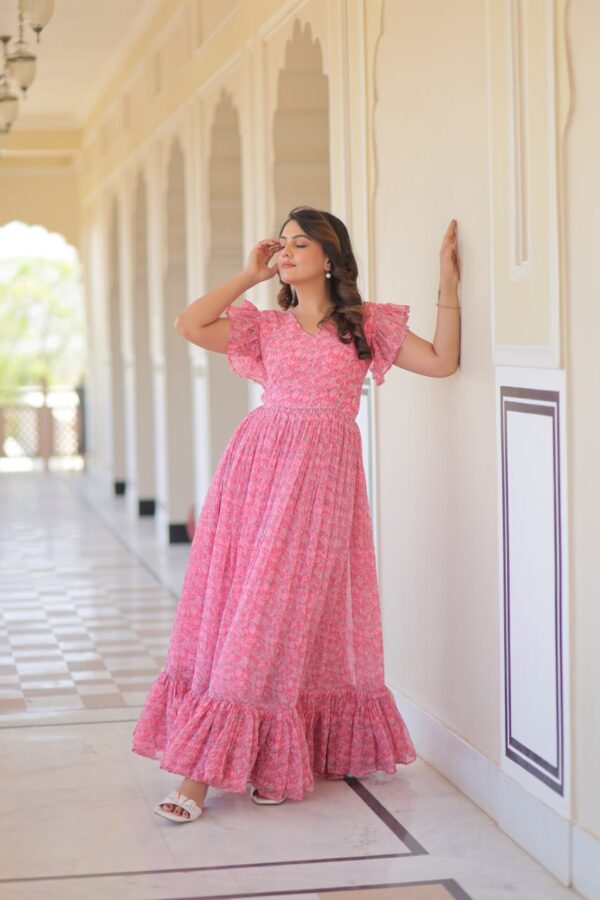 Women's Romantic Rose Pink Floral Printed Maxi Dress with Ruffle Sleeves & Tiered Flared Hem – Perfect for Summer Day Wear & Brunches - Image 5