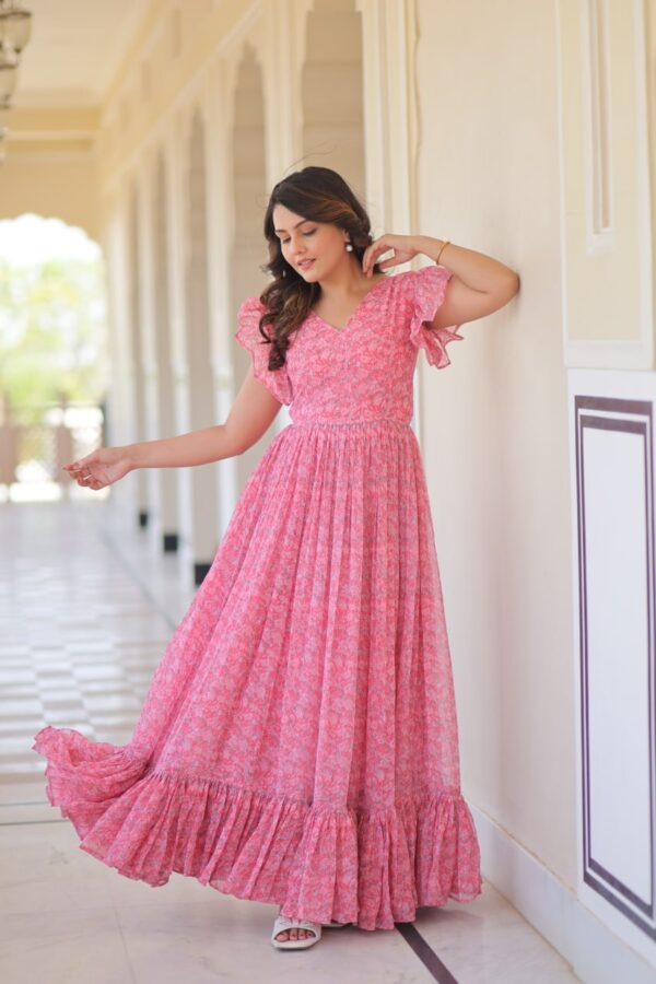Women's Romantic Rose Pink Floral Printed Maxi Dress with Ruffle Sleeves & Tiered Flared Hem – Perfect for Summer Day Wear & Brunches - Image 4