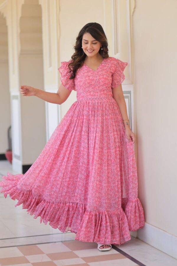 Women's Romantic Rose Pink Floral Printed Maxi Dress with Ruffle Sleeves & Tiered Flared Hem – Perfect for Summer Day Wear & Brunches - Image 3