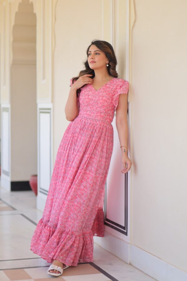 Women's Romantic Rose Pink Floral Printed Maxi Dress with Ruffle Sleeves & Tiered Flared Hem – Perfect for Summer Day Wear & Brunches - Image 2