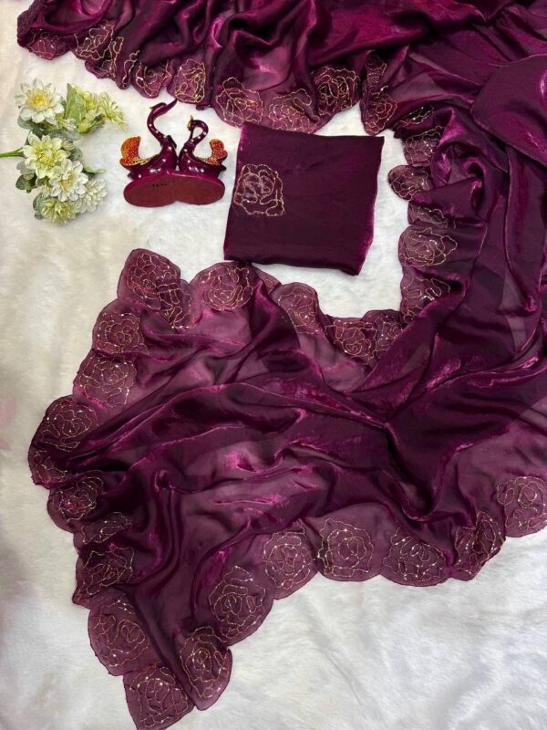 Women's Pure Soft Fendy Satin Saree with Full Floral Handwork Design & Running Blouse Piece – Available in Multiple Colors for Festive & Casual Wear - Image 2