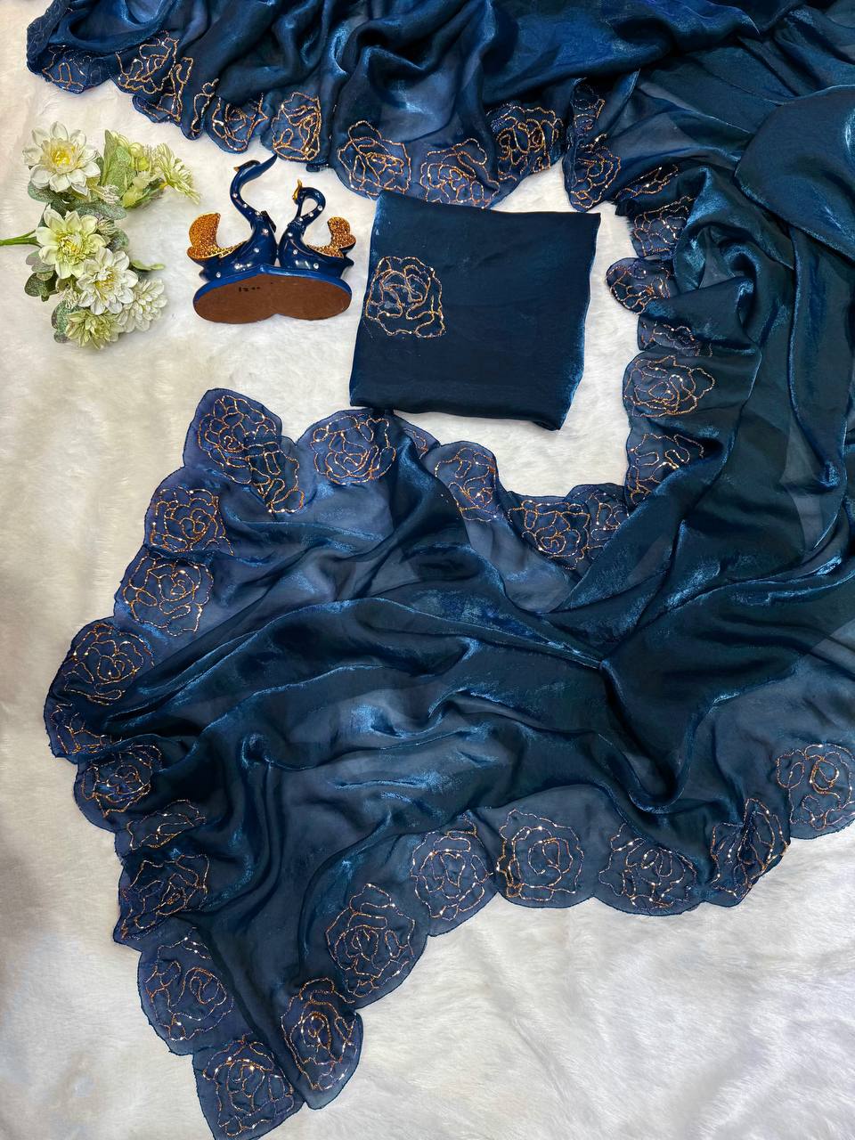 Women's Pure Soft Fendy Satin Saree with Full Floral Handwork Design & Running Blouse Piece – Available in Multiple Colors for Festive & Casual Wear - Image 4