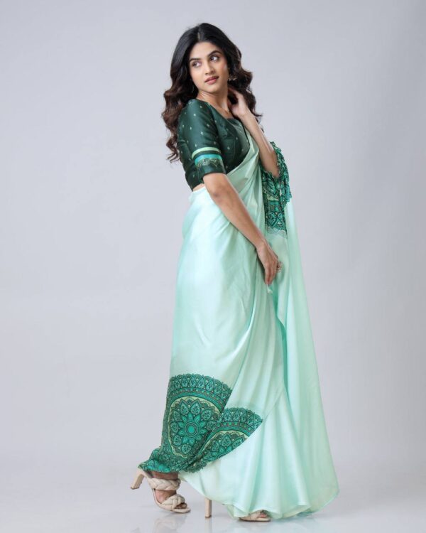 Women's Vibrant Lemon Yellow Satin Silk Kaftan Saree with Multi-Color Digital Print Yoke & Border Design - Image 7